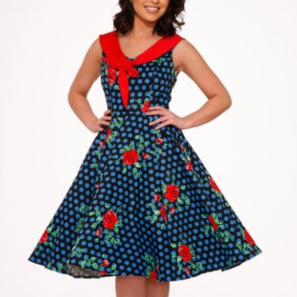 Hearts & Roses London Red & Blue Rose Marie A-Line Dress, - Picture 3 of 5